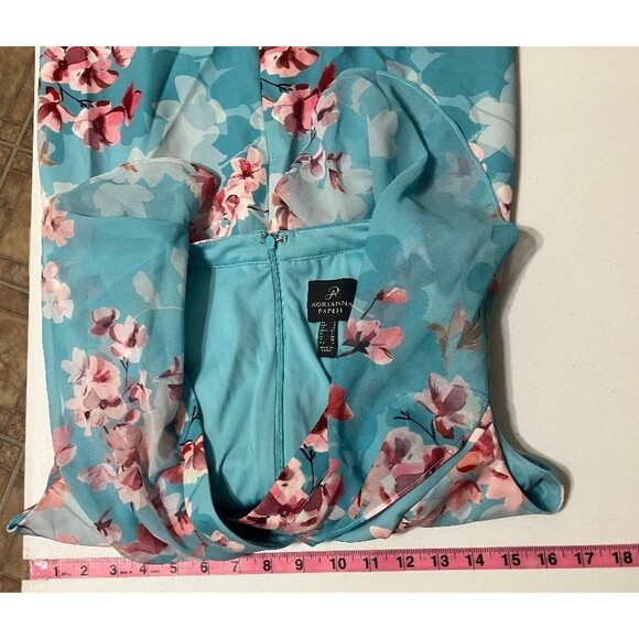 Adrianna Papell Floral Flutter Sleeve Wrap Dress Size 2 Aqua Pink Ruffle Hem - Picture 7 of 8